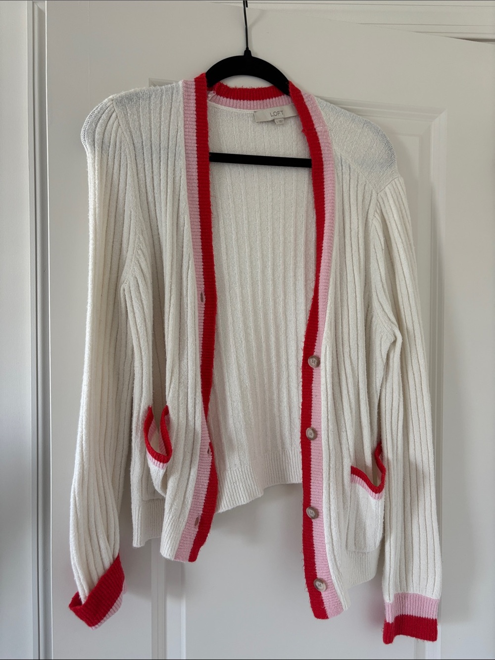 LOFT White Ribbed Cardigan with Pink & Red Trim